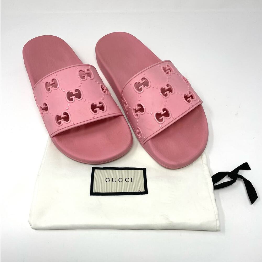 Gucci Interlocking GG Logo Rubber Pool Slides Slip On Flat Sandals Pink EU 40
